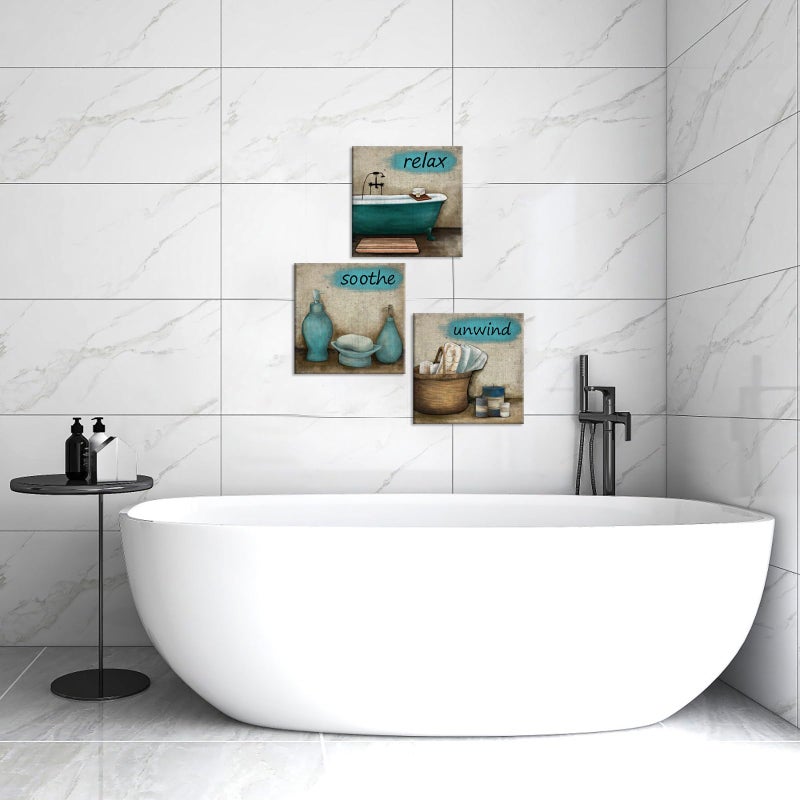 iHAPPYWALL 3 Pieces Bathroom Canvas Wall Art Teal Style Bathtub Bath Set Towel Relax Soothe Unwind Bathroom Still Life Picture Poster Print Stretched and Framed Ready To Hang - Image 4